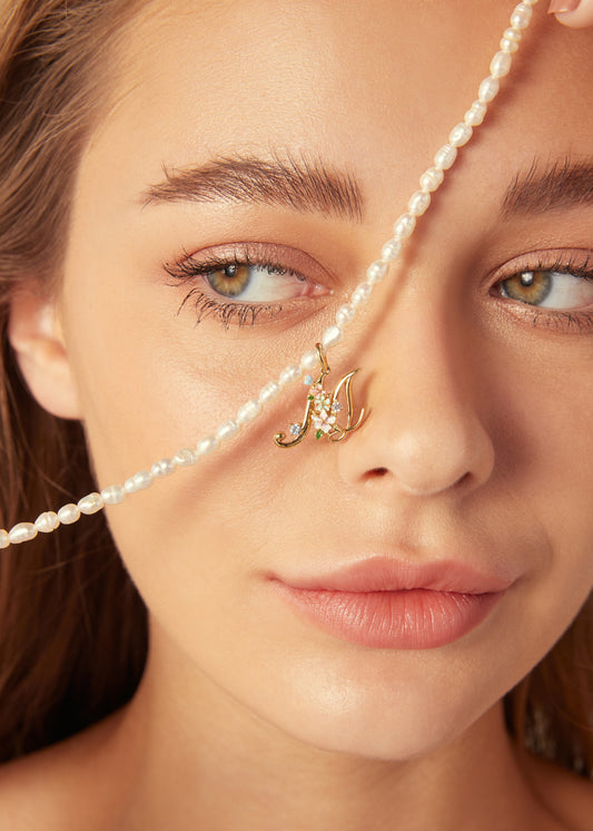 Glintz Modern Tales initial necklace with option of 18K gold plated silver chain or pearl Fresh water Pearl necklace, enamel Monogram Necklace, Letter Necklace, Bridesmaid Gifts